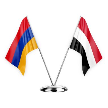 Two table flags isolated on white background 3d illustration, armenia and yemen
