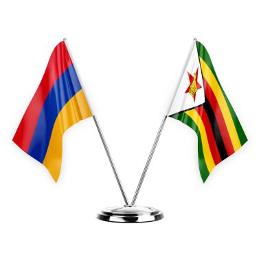 Two table flags isolated on white background 3d illustration, armenia and zimbabwe