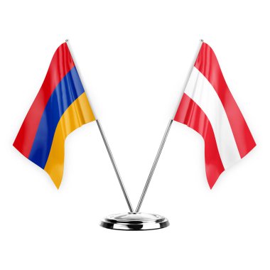 Two table flags isolated on white background 3d illustration, armenia and austria