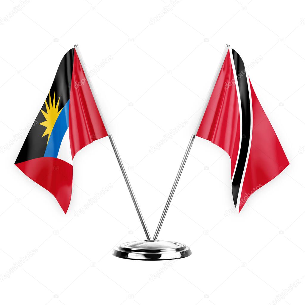 Two table flags isolated on white background 3d illustration, antigua barbuda and tobago