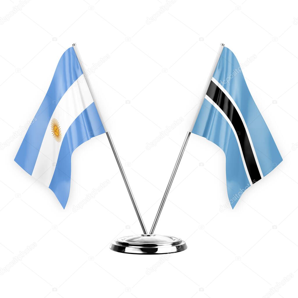 Two table flags isolated on white background 3d illustration, argentina and botswana