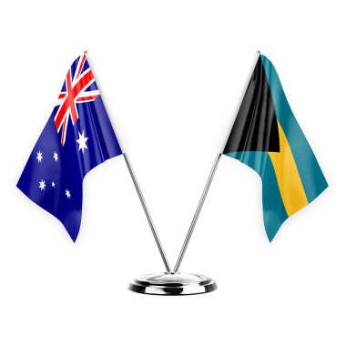 Two table flags isolated on white background 3d illustration, australia and bahamas