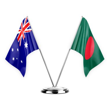 Two table flags isolated on white background 3d illustration, australia and bangladesh