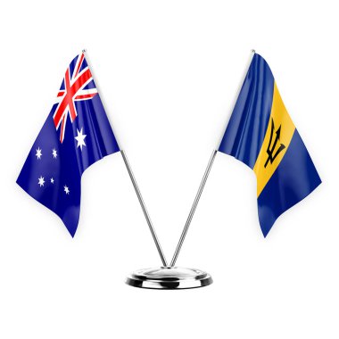 Two table flags isolated on white background 3d illustration, australia and barbados