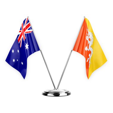 Two table flags isolated on white background 3d illustration, australia and bhutan