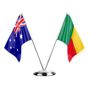 Two table flags isolated on white background 3d illustration, australia and benin