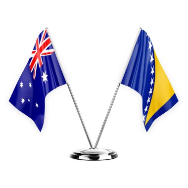 Two table flags isolated on white background 3d illustration, australia and bosnia