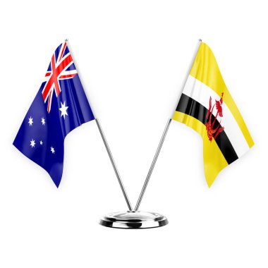Two table flags isolated on white background 3d illustration, australia and brunei