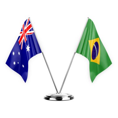 Two table flags isolated on white background 3d illustration, australia and brazil