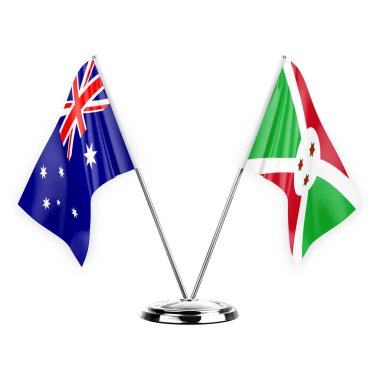 Two table flags isolated on white background 3d illustration, australia and burundi