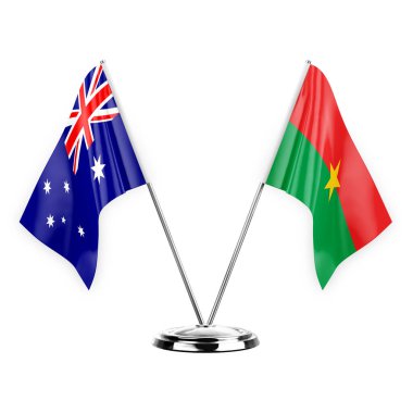 Two table flags isolated on white background 3d illustration, australia and burkina faso