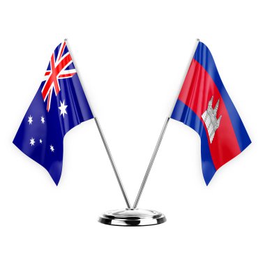 Two table flags isolated on white background 3d illustration, australia and cambodia