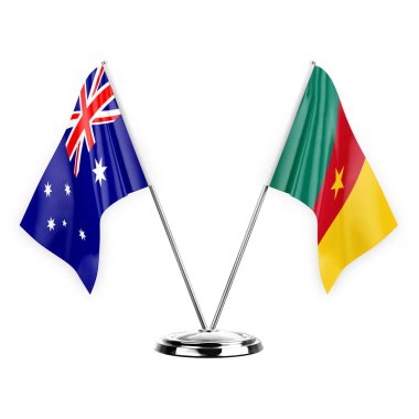 Two table flags isolated on white background 3d illustration, australia and cameroon
