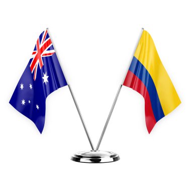 Two table flags isolated on white background 3d illustration, australia and colombia