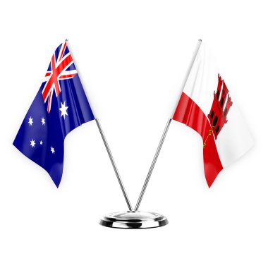 Two table flags isolated on white background 3d illustration, australia and gibraltar