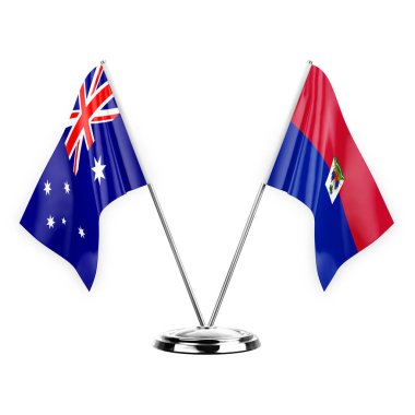 Two table flags isolated on white background 3d illustration, australia and haiti