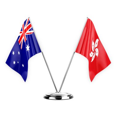 Two table flags isolated on white background 3d illustration, australia and hong kong