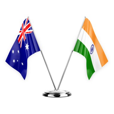 Two table flags isolated on white background 3d illustration, australia and india