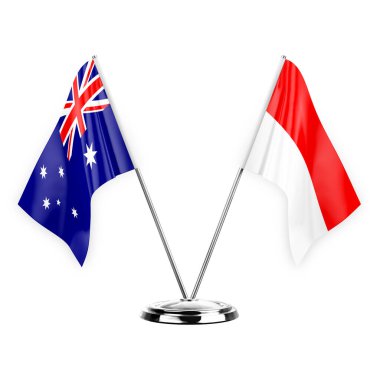 Two table flags isolated on white background 3d illustration, australia and indonesia