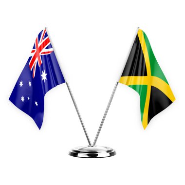 Two table flags isolated on white background 3d illustration, australia and jamaica