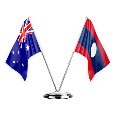 Two table flags isolated on white background 3d illustration, australia and laos