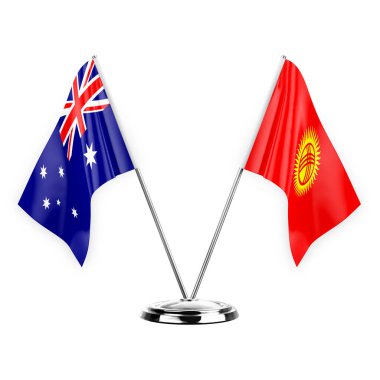 Two table flags isolated on white background 3d illustration, australia and kyrgyzstan