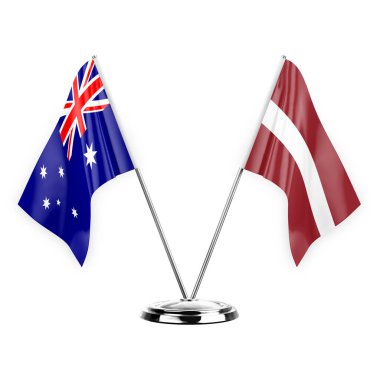 Two table flags isolated on white background 3d illustration, australia and latvia
