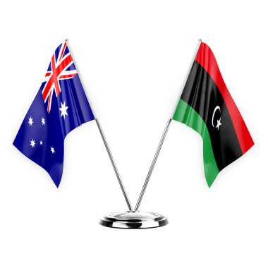 Two table flags isolated on white background 3d illustration, australia and libya