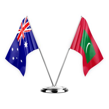 Two table flags isolated on white background 3d illustration, australia and maldives