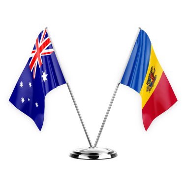 Two table flags isolated on white background 3d illustration, australia and moldova