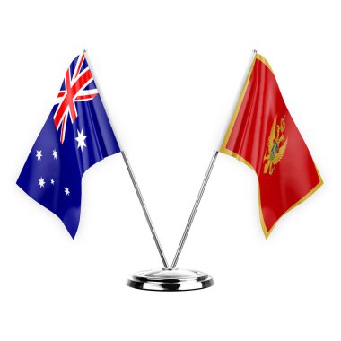 Two table flags isolated on white background 3d illustration, australia and montenegro