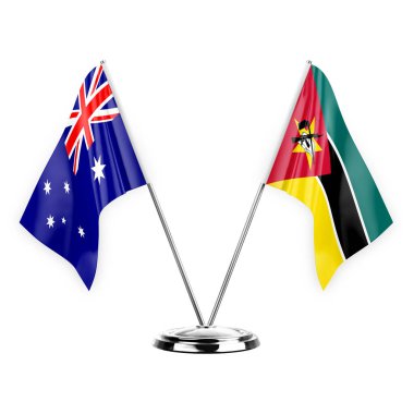 Two table flags isolated on white background 3d illustration, australia and mozambique