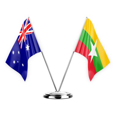 Two table flags isolated on white background 3d illustration, australia and myanmar
