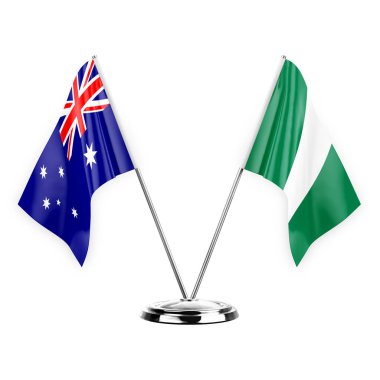 Two table flags isolated on white background 3d illustration, australia and nigeria