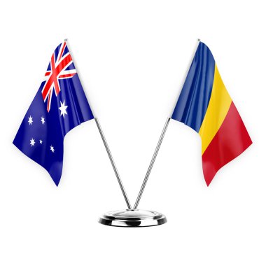 Two table flags isolated on white background 3d illustration, australia and romania