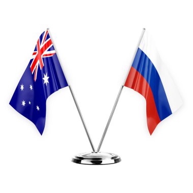 Two table flags isolated on white background 3d illustration, australia and russia