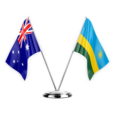 Two table flags isolated on white background 3d illustration, australia and rwanda