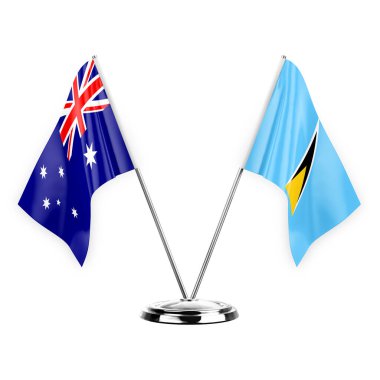 Two table flags isolated on white background 3d illustration, australia and saint lucia