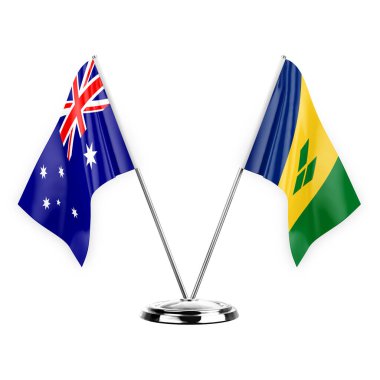 Two table flags isolated on white background 3d illustration, australia and saint vincent and the grenadines