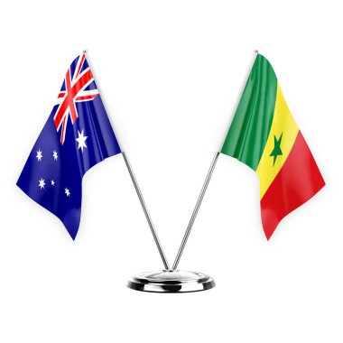 Two table flags isolated on white background 3d illustration, australia and senegal