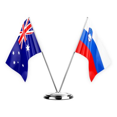 Two table flags isolated on white background 3d illustration, australia and slovenia