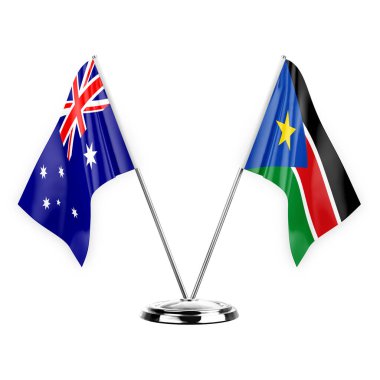 Two table flags isolated on white background 3d illustration, australia and south sudan