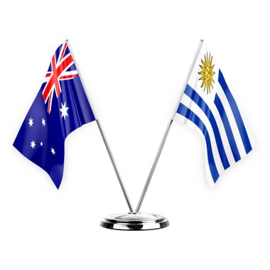 Two table flags isolated on white background 3d illustration, australia and uruguay