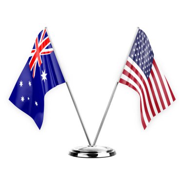 Two table flags isolated on white background 3d illustration, australia and usa