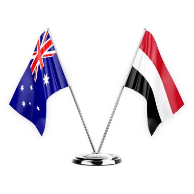 Two table flags isolated on white background 3d illustration, australia and yemen