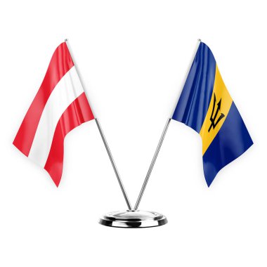 Two table flags isolated on white background 3d illustration, austria and barbados