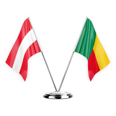 Two table flags isolated on white background 3d illustration, austria and benin