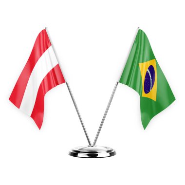 Two table flags isolated on white background 3d illustration, austria and brazil