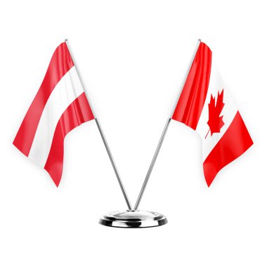 Two table flags isolated on white background 3d illustration, austria and canada