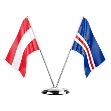 Two table flags isolated on white background 3d illustration, austria and cape verde